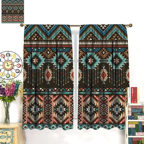 Vista 27 de Cortinas con patrón geométrico tribal, estilo suroeste, azteca, rústico, occidental, nativo americano, opacas, con bolsillo para barra, decoración