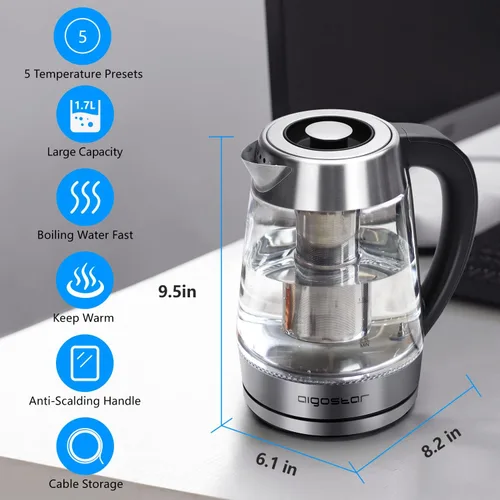 Vista 7 de Aigostar Hervidor Eléctrico, Tetera con Control de Temperatura e Infusor de Té, Hervidor de Agua Caliente de 1500W con Temperatura Variable, Función