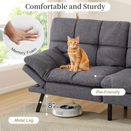 Vista 4 de Opoiar Sofá cama plegable de espuma viscoelástica convertible con reposabrazos y respaldos ajustables para espacios pequeños, oficina, estudio