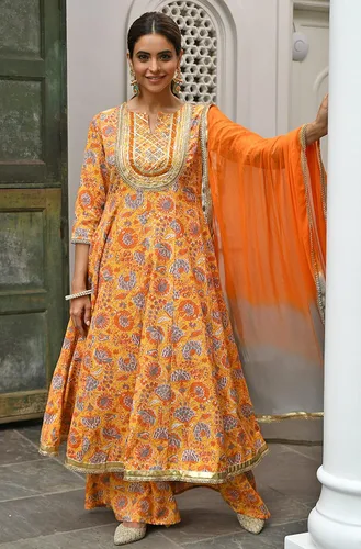 Vista 3 de Janasya Kurta india de algodón mostaza bordado con palazzo y dupatta