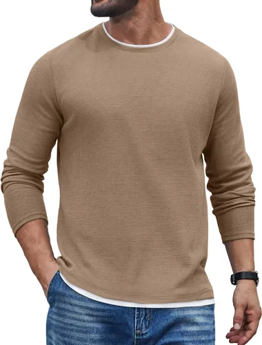 Vista 9 de COOFANDY Camisetas de manga larga para hombre, de algodón, con cuello redondo, con ribete de contraste Gris claro + ribete blanco