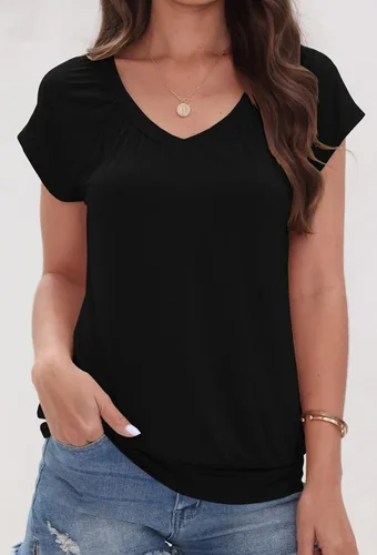 Vista 4 de Veatzaer Camisetas de manga casquillo para mujer, con cuello en V, estilo casual, con bandas, ajuste holgado, básicas