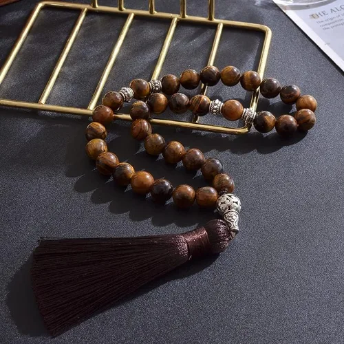 Vista 4 de Pulsera de 33 cuentas de oración con 33 cuentas de oración para hombres y mujeres, color ónix negro y amarillo (ojo de tigre de 0.394in)