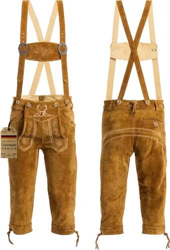 Vista 8 de BAVARIA TRACHTEN Lederhosen - Traje de cuero genuino para hombre, traje de Oktoberfest alemán auténtico para hombre, color marrón claro, largo