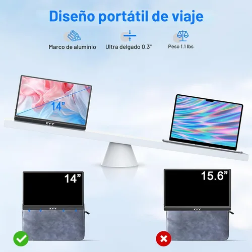 Vista 3 de KYY Monitor portátil para laptop, monitor de viaje FHD 1080P de 14 pulgadas, pantalla de juegos USB-C y HDMI con soporte VESA y cubierta