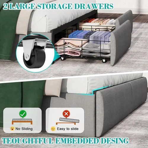 Vista 7 de Base de cama matrimonial tapizada con respaldo alero con 2 cajones de almacenamiento y luces LED