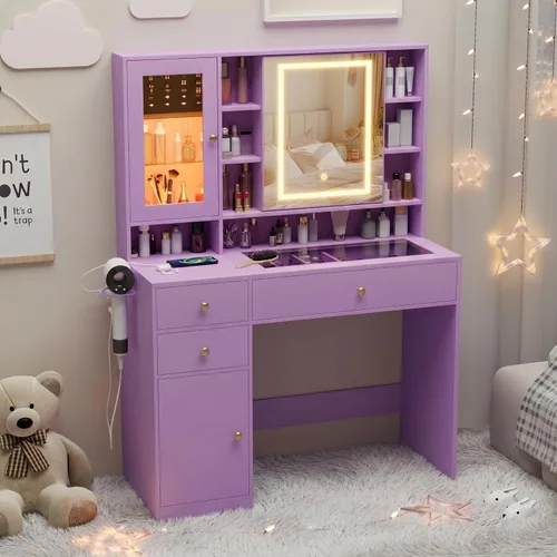 Vista 18 de Wodeer Pequeño escritorio de maquillaje con espejo y luces, tocador con armario de cristal, luces LED y toma de corriente, cajón y gabinetes