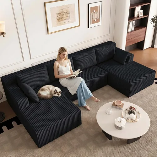Vista 31 de Sofá modular Cloud de 95 pulgadas con otomana, moderno sofá nube en forma de U con asiento profundo, cómodo sofá de pana de 3 plazas, sofá de espuma