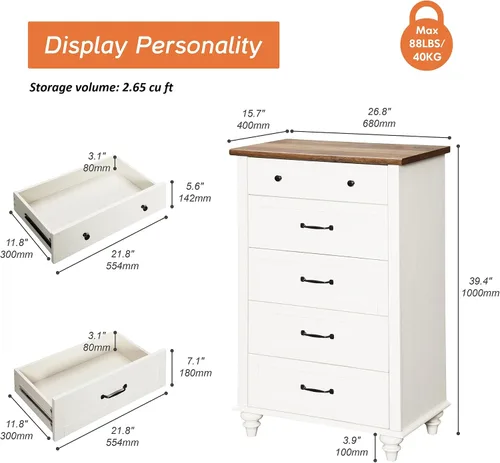 Vista 2 de WAMPAT Cómoda blanca de 5 cajones para dormitorio, organizador de almacenamiento de aparadores de mediados de siglo con asas de metal y patas