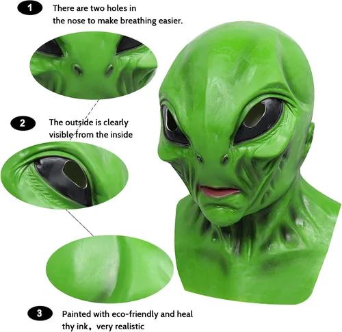 Vista 6 de vickkt Máscara de alienígena, máscara de disfraz de alienígena para adultos y niños, máscara facial realista de alienígena verde, disfraces