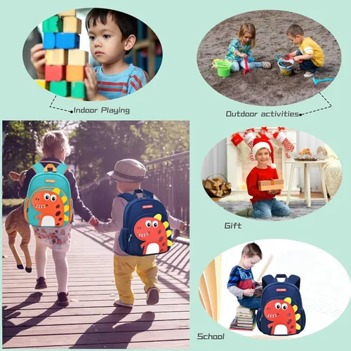 Vista 7 de Bansusu Mochila infantil antipérdida de dinosaurio para niños preescolares con correa de seguridad, mochila pequeña ligera para niños, bolsa