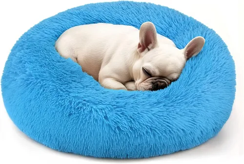 Vista 8 de Hoewina - Cama redonda, calmante, en forma de rosquilla, lavable, esponjosa para interiores, perros y gatos pequeños y medianos, negro, 20 pulgadas