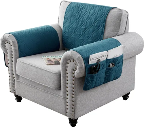 Vista 8 de Juego de 3 fundas impermeables para sofá reclinable, funda para reposabrazos y reposacabezas con 6 bolsillos de almacenamiento, protector acolchado