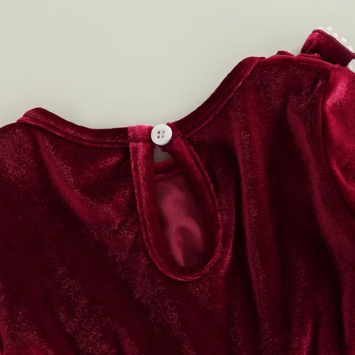 Vista 6 de Trajes de Navidad para niñas pequeñas, vestido de manga larga, falda vintage de encaje de una pieza, vestido de fiesta de terciopelo rojo, vestido