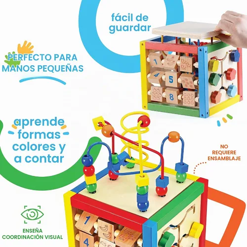 Vista 4 de Cubo de actividades de madera para bebé 6+ M - 6 en 1 juguete de aprendizaje, 8 tazas apilables