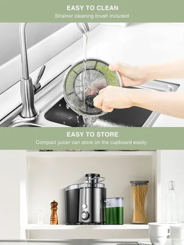 Vista 5 de Exprimidor, extractor de jugo, fácil de limpiar, máquina exprimidora de acero inoxidable con boca de 3 pulgadas de ancho, exprimidor centrífugo de 2