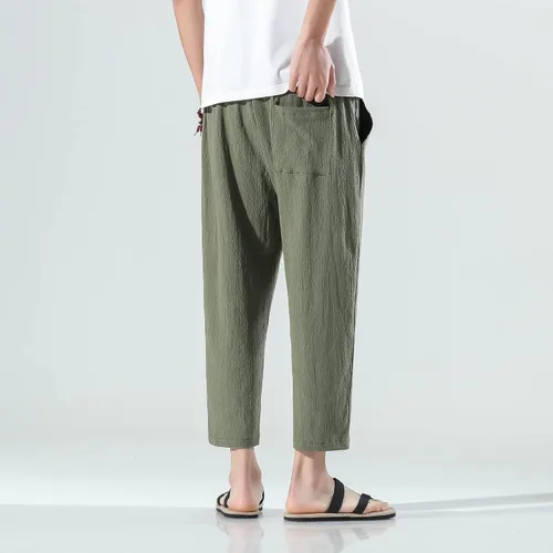 Vista 3 de PRIJOUHE Pantalones harén para hombre, casuales, ligeros, holgados, pantalones capri de lino con cintura elástica