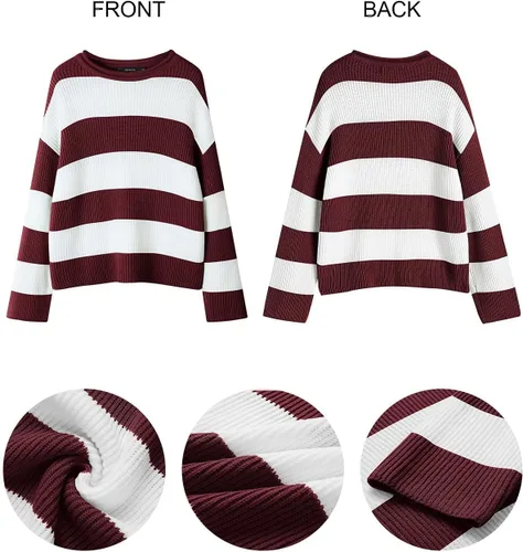 Vista 89 de ZESICA Suéter tejido sin botones de manga larga y cuello redondo, a rayas, bloques de color, cómodo, holgado, talla extragrande para mujer de 2024