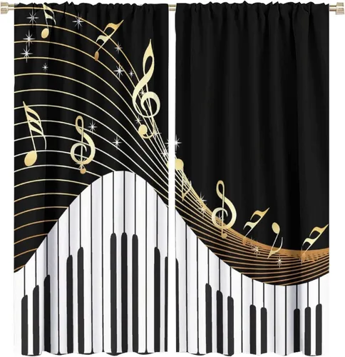 Vista 75 de Cortinas de notas musicales, blanco y negro, instrumento musical, canción, arte de canción, opacas, para ventana, dormitorio, sala de estar