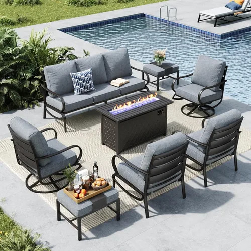 Vista 58 de MFSTUDIO Juego de 4 piezas de conversación para patio, marco de metal para todo tipo de clima, muebles de exterior con 1 mesa rectangular de propano