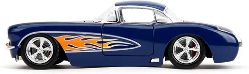 Vista 3 de Jada Big Time Muscle 1:24 1957 Chevrolet Corvette - Auto fundido a presión, juguetes para niños y adultos (azul oscuro/llamas)