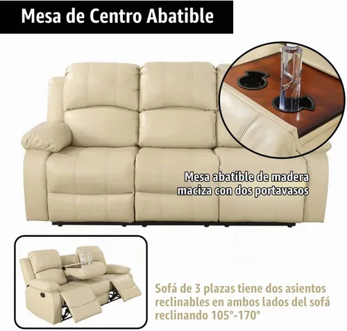Vista 4 de Sofá reclinable manual de cuero para muebles de sala de estar, sofá reclinable de 78 pulgadas con mesa abatible, portavasos y sofá de cuero