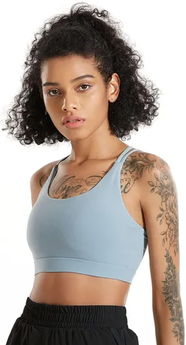 Vista 2 de RUNNING GIRL - Brasier deportivo con tirantes delgados para mujer brasier de yoga con soporte medio copas extraíbles y espalda cruzada