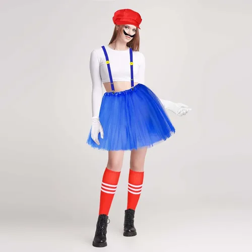 Vista 8 de Kavoc Disfraz de Halloween Super Role Play Bros, incluye sombrero de fontanero, tirantes, guantes, botones de barba para hombres y mujeres