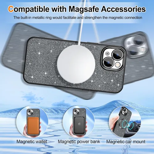 Vista 5 de Hython Funda para iPhone 15 Plus con purpurina, fundas magnéticas transparentes para teléfono con protector de lente de cámara