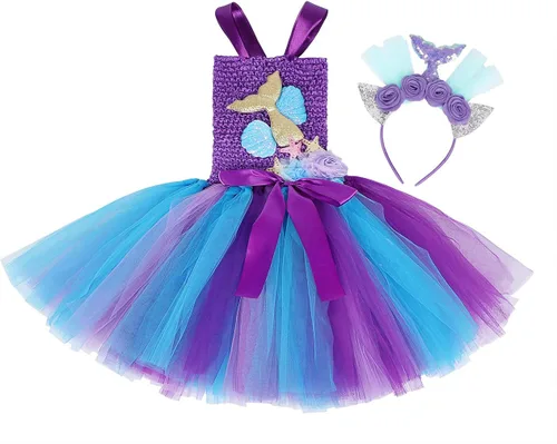 Vista 3 de Jurebecia Mermaid Tutu Dress Girls Halloween Birthday Party Role Play Costume Princess Mermaid Dress Up Clothes with Headband
