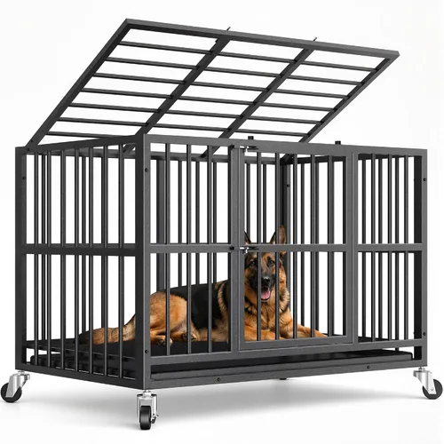 Vista 12 de Jaula para perros de acero resistente de 42 pulgadas a prueba de escape, jaula de doble puerta interior para alta ansiedad, bandeja extraíble