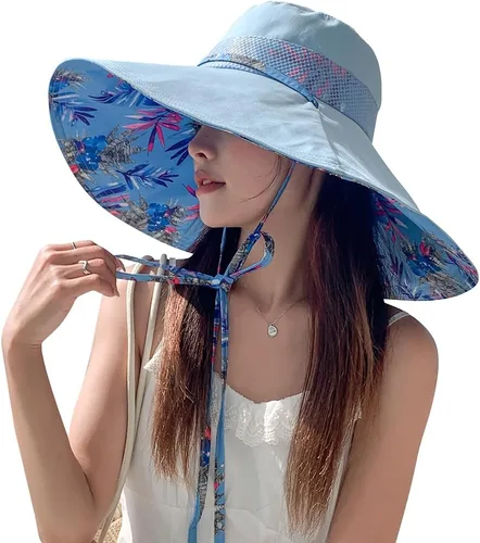 Vista 14 de Sombreros de sol de ala extra ancha de 6 pulgadas con protección UV UPF 50+ y correa para sombrero de playa para mujer