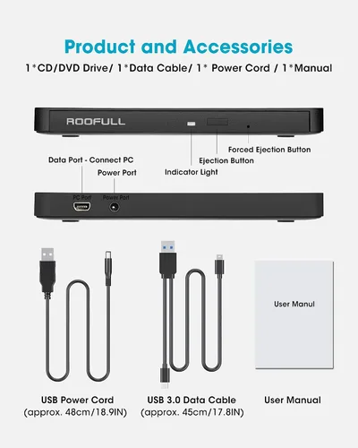 Vista 8 de ROOFULL Unidad externa de CD/DVD USB 3.0 y USB-C, ultrafina de 0.5 pulgadas, reproductor de CD y DVD de alta velocidad, grabador para computadora