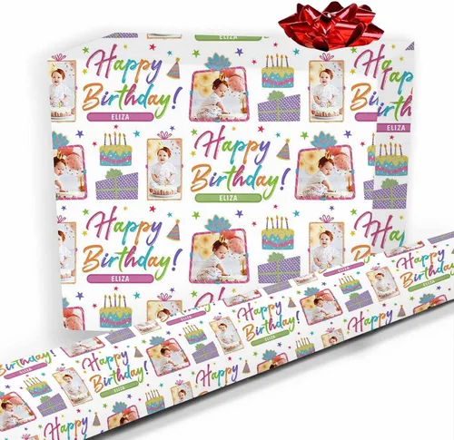 Vista 21 de COLORSFORU Papel de regalo personalizado de feliz cumpleaños con foto de nombre: fabricado en EE. UU., rollo de papel de regalo personalizado, papel