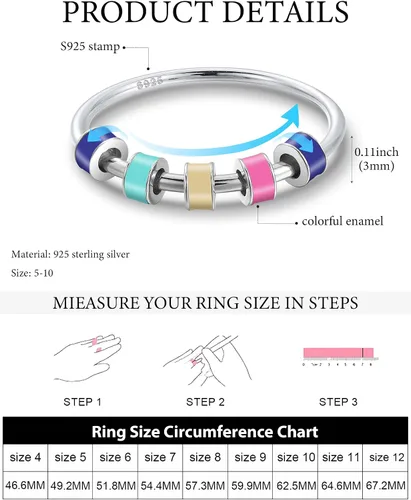 Vista 4 de LOVECOM Anillo giratorio de plata de ley 925 con cuentas esmaltadas coloridas para mujer, anillo giratorio antiansiedad, giratorio, apilable Estilo 1