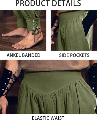 Vista 5 de Pantalones de tobillo medievales para hombre, disfraz de pirata vikingo, renacentista, con cordones, con bandas cónicas