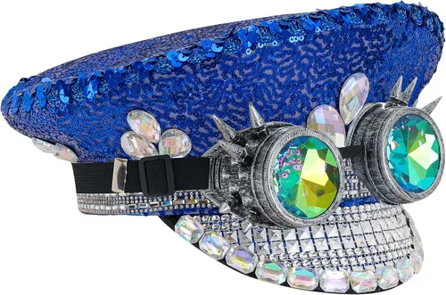 Vista 3 de bslingerie Sombrero steampunk con lentejuelas y diamantes de imitación para mujer, para fiesta rave, festival, capitán con gafas