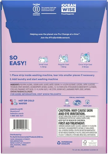 Vista 3 de Tru Earth Detergente seco compacto para ropa – hasta 128 cargas (64 hojas) – Sin parabenos – Detergente sin líquido original Eco-Strip, viajes