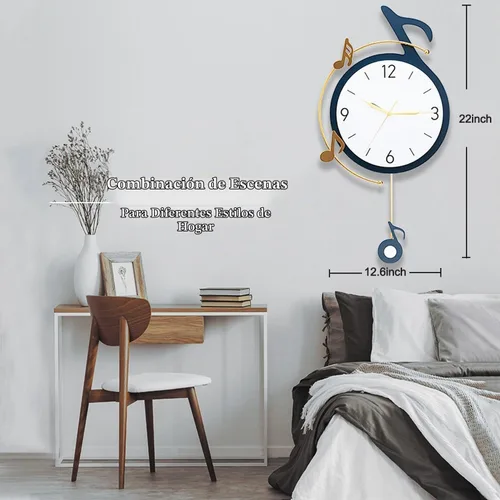 Vista 5 de Dankeit Reloj de pared decorativo de cuarzo con péndulo, funciona con pilas, arte de notas musicales para sala de estar, cocina, hogar, baño