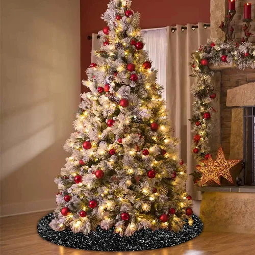 Vista 4 de XIMISHOP Falda de árbol de lentejuelas de 48 pulgadas, falda de árbol negra plateada con purpurina para decoración de árbol de Navidad, Halloween