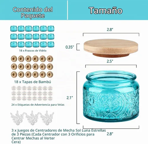 Vista 2 de Paquete de 18 recipientes de vela de vidrio en relieve de 4 onzas con tapas y etiquetas de bambú, tarros de vela azules para hacer velas, diseño