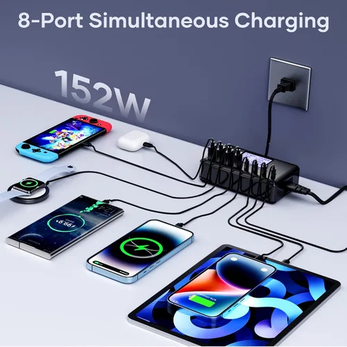 Vista 3 de Estación de carga de 152 W, concentrador de cargador USB-C y USB-A de 8 puertos, 20 W 4 x USB-C y 18 W 4 x USB-A, compatible con iPhone 15/14/13