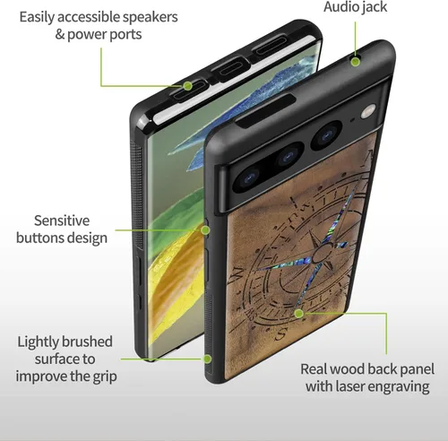 Vista 6 de Carveit Funda de madera de diseñador para Google Pixel 7 Pro [grabado de madera e incrustaciones de carcasa] cubierta de madera única compatible