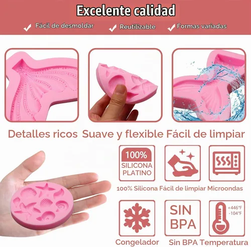 Vista 3 de Moldes de fondant con temática marina, 4 piezas, cola de sirena, concha, estrella de mar, para hornear, chocolate, moldes de silicona