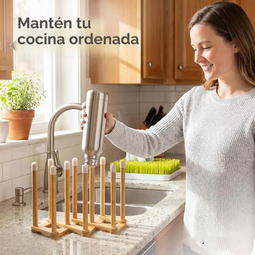 Vista 6 de Estante de secado retráctil de bambú para botellas y platos, soporte para escurridor de botellas de agua deportivas y tazas, estante de secado