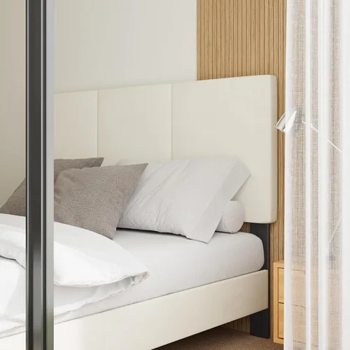 Vista 5 de IOILORI Base de cama tamaño Queen con cabecera tapizada, listones de madera resistentes, no requiere somier, silencioso, fácil montaje, beige
