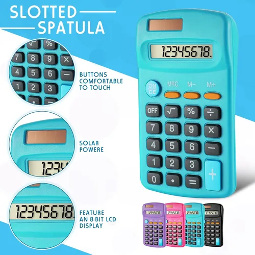 Vista 3 de Paquete de 12 mini calculadoras básicas de tamaño de bolsillo para estudiantes, pantalla de 8 dígitos, batería solar de doble potencia, escritorio