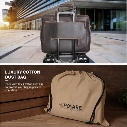 Vista 3 de Polare - Maletín de negocios de 18 pulgadas de grosor de cuero de grano completo para laptop de 17.3 pulgadas, bolsa de trabajo para hombres