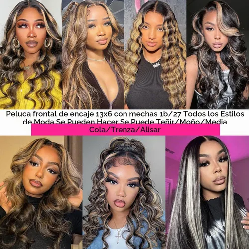 Vista 5 de Pelucas de Encaje Frontal Highlight Body Wave de Cabello Humano 1B/27 Sin Pegamento Densidad 180% 13x6 Peluca Sin Pegamento de Encaje Frontal Peluca