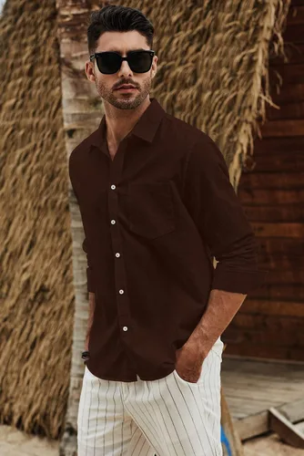 Vista 4 de JMIERR Camisa de vestir de manga larga con botones y lino de algodón para hombre